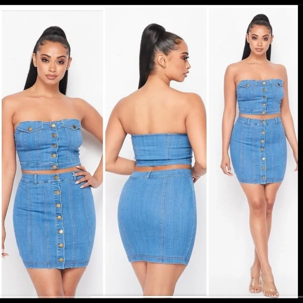 Classic Blue Stretch Denim Button Down Skirt Set